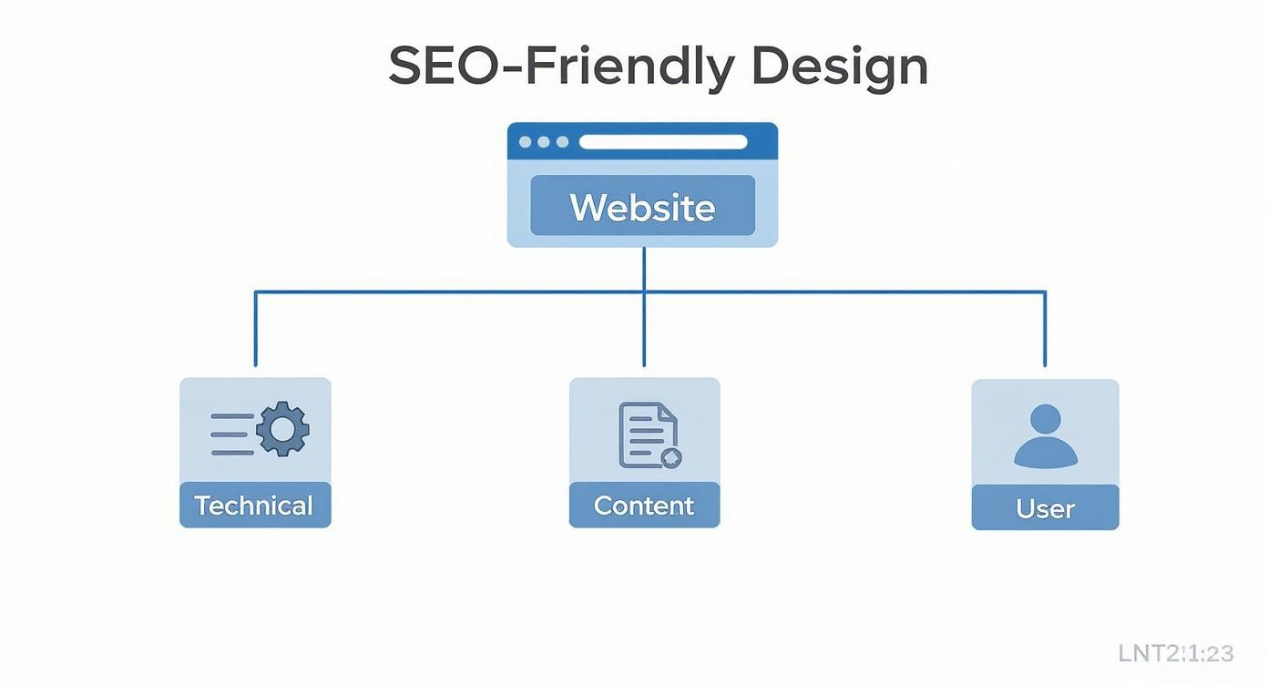 Flowchart illustrating SEO-Friendly Design with Website at the center, branching into Technical, Content, and User aspects.