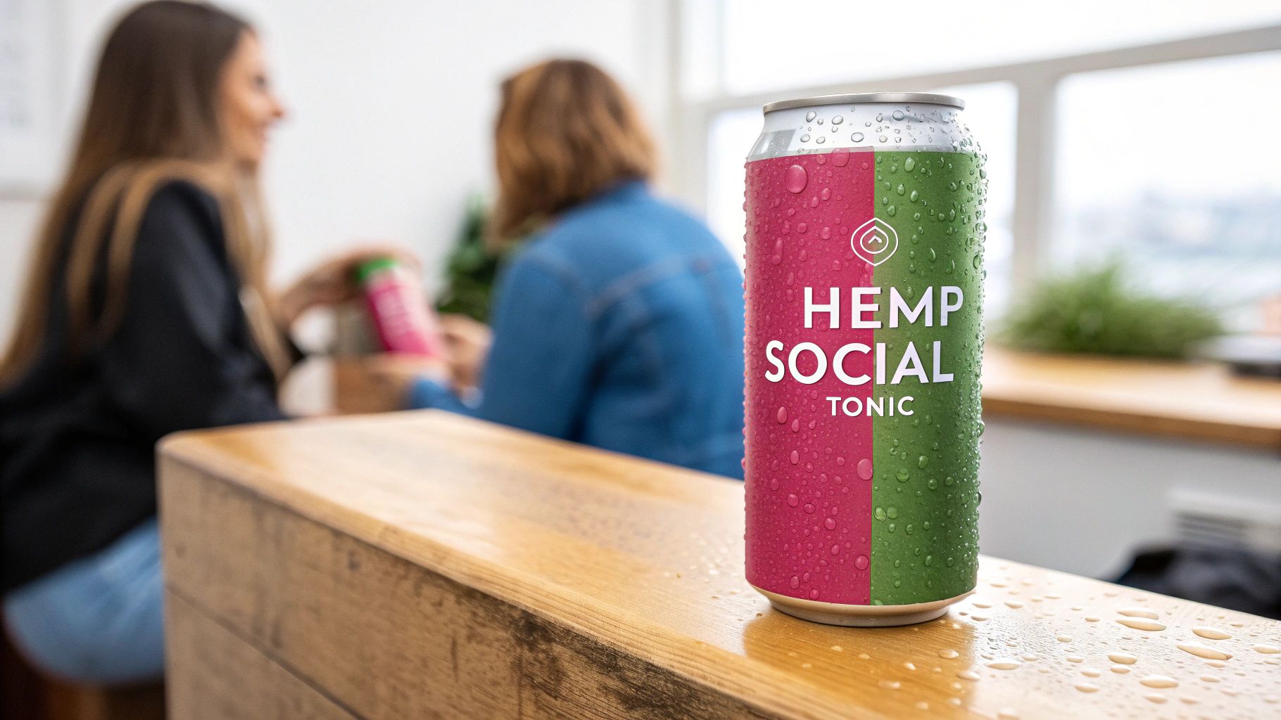 A refreshing, wet can of 'Hemp Social Tonic' in pink and green, with people blurred in the background.
