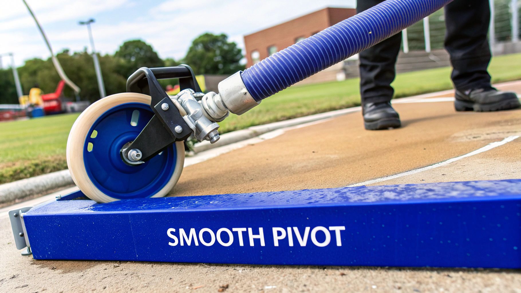 Blue ribbed hose on a wheeled guide device with 'SMOOTH PIVOT' text, on an outdoor track.