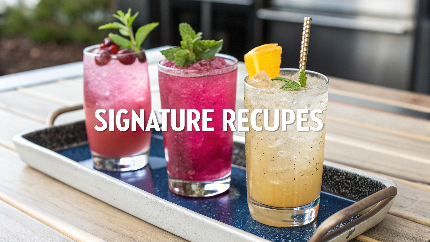 Three vibrant, refreshing cocktails garnished with fruit and mint leaves on a tray, with overlaid text 'SIGNATURE RECIPES'.