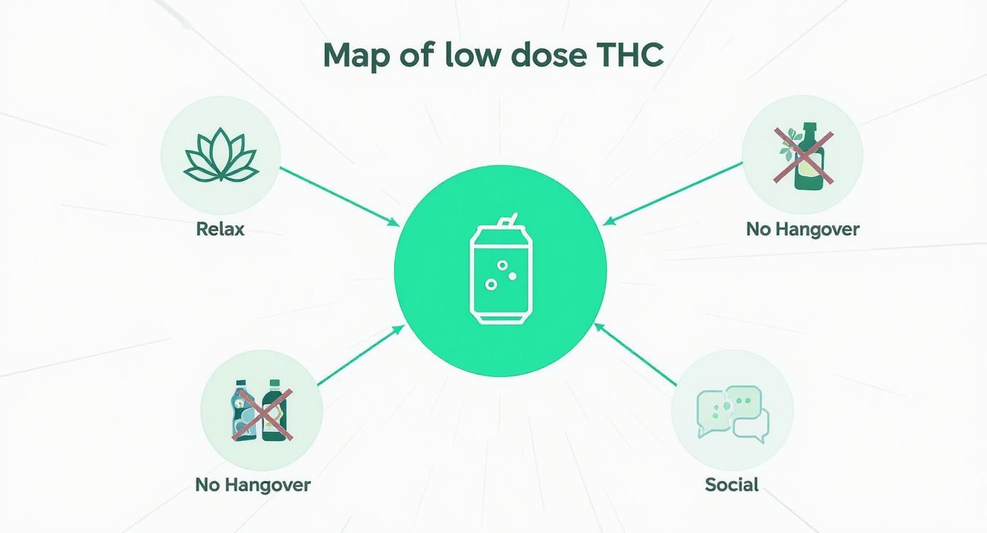 Map of low-dose THC drinks highlighting benefits like relaxation, social interaction, and no hangovers.