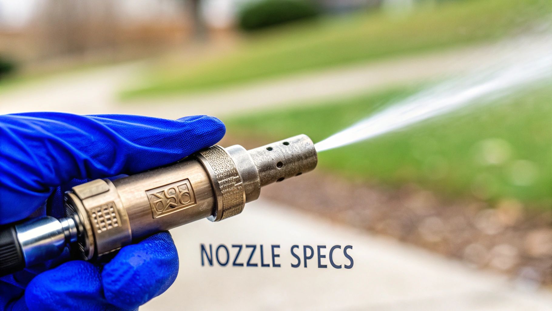 A gloved hand holds a metal water jetting nozzle spraying a powerful stream of water.