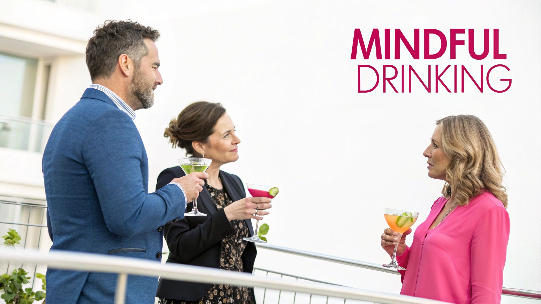 Three well-dressed people, a man and two women, enjoying colorful cocktails and conversation on a bright balcony.