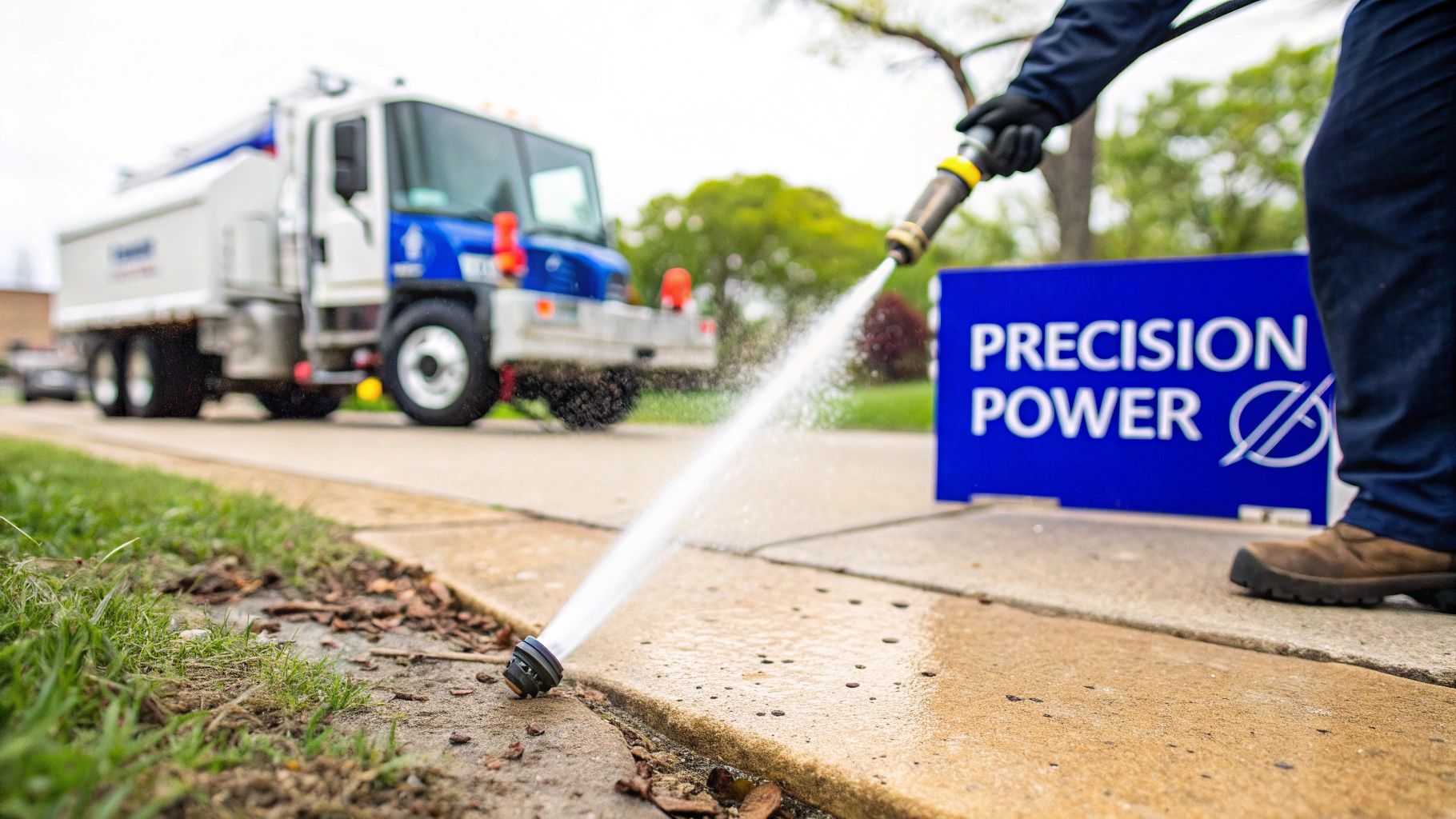 A worker sprays water with a precision nozzle onto a sidewalk with a utility truck nearby.