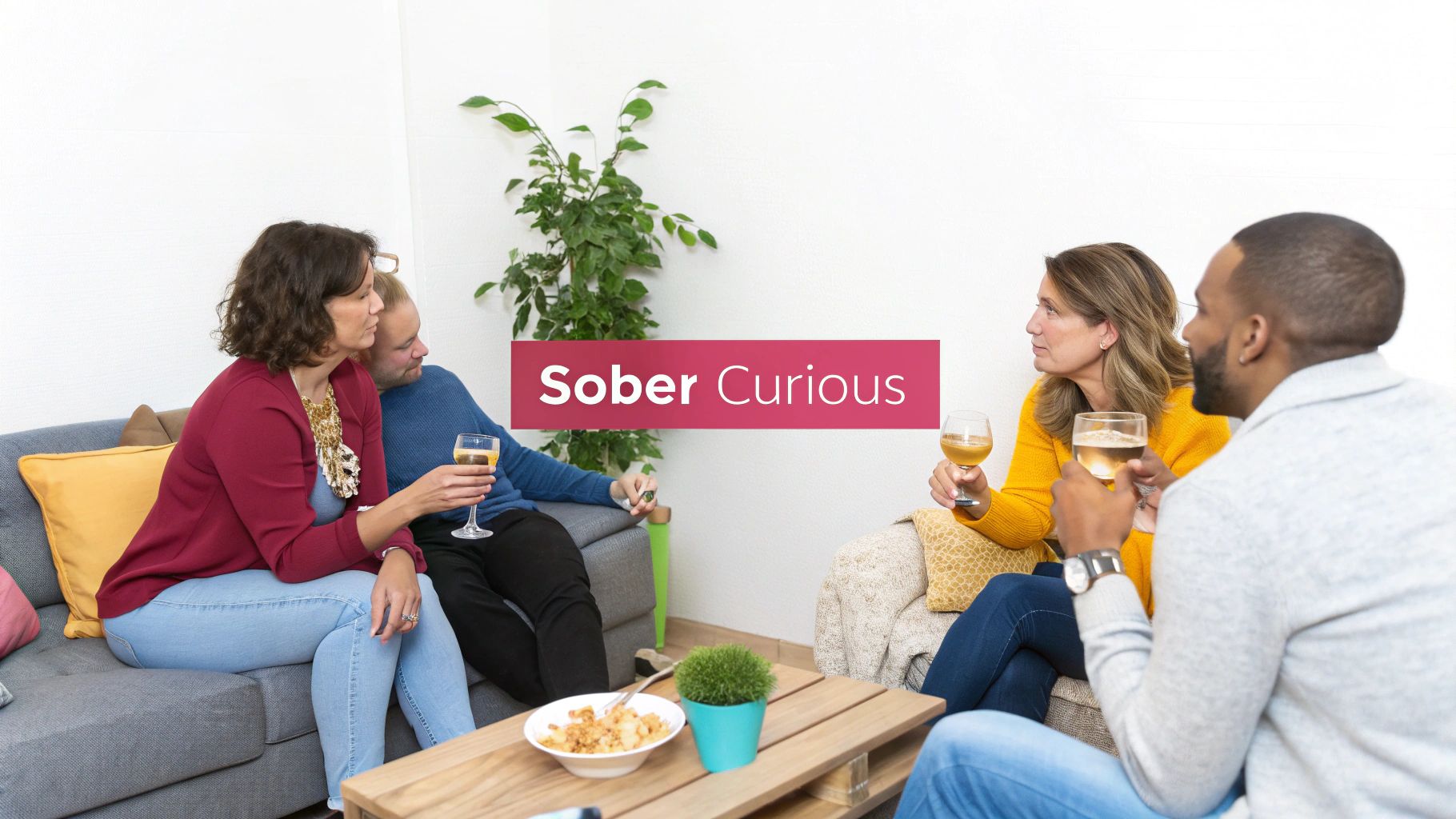 Four adults conversing on sofas, holding drinks, with 'Sober Curious' text overlay.