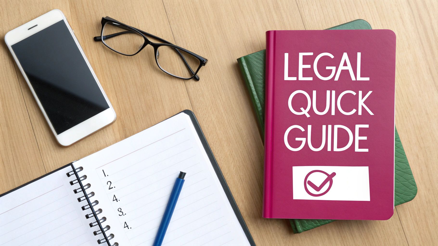Flat lay of a wooden desk with a smartphone, glasses, notebook, pen, and a 'Legal Quick Guide' book.
