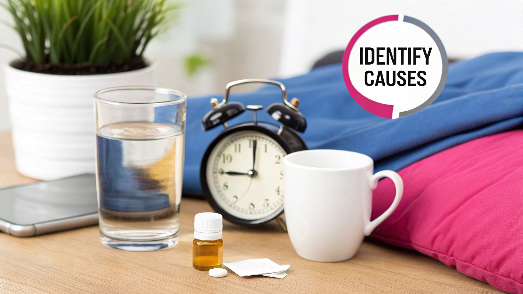 Bedside table with a glass of water, medication, an alarm clock, and a coffee mug.