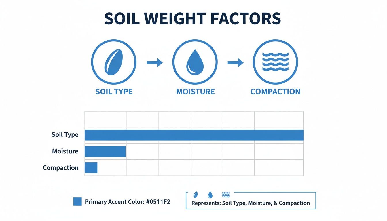 Bar chart illustrates soil weight factors: Soil Type, Moisture, and Compaction importance.