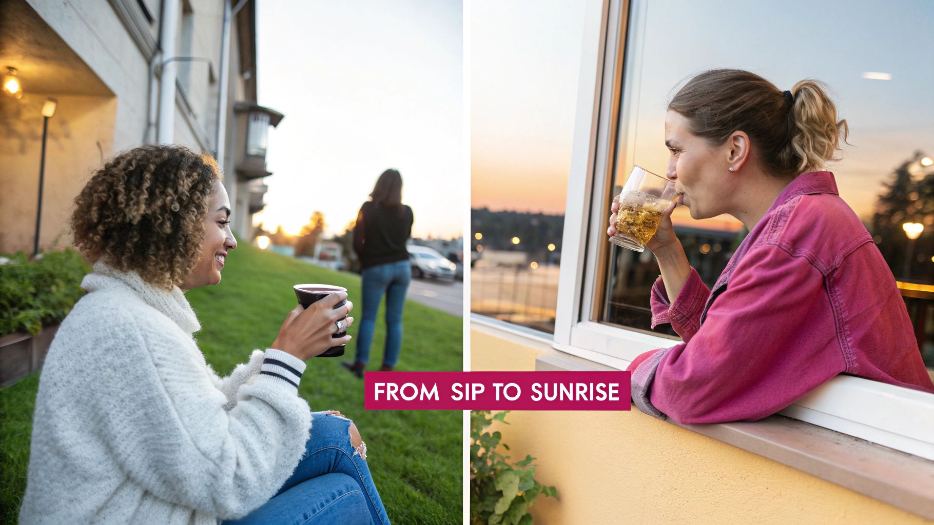 Two women enjoying drinks in different settings, one outdoors with a cup, the other indoors sipping from a glass.