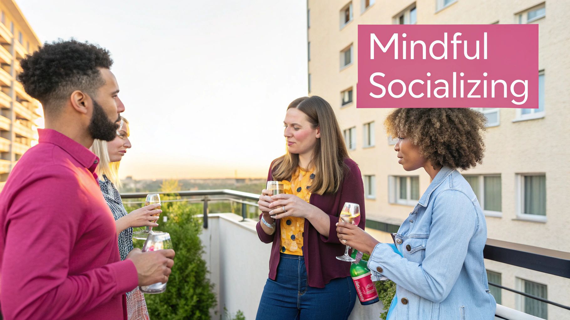 Diverse group of friends enjoying mindful socializing with drinks on rooftop terrace at sunset