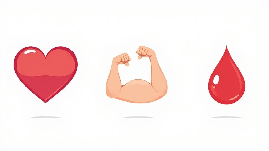 an illustration of two arms flexing with a heart and a drop of blood