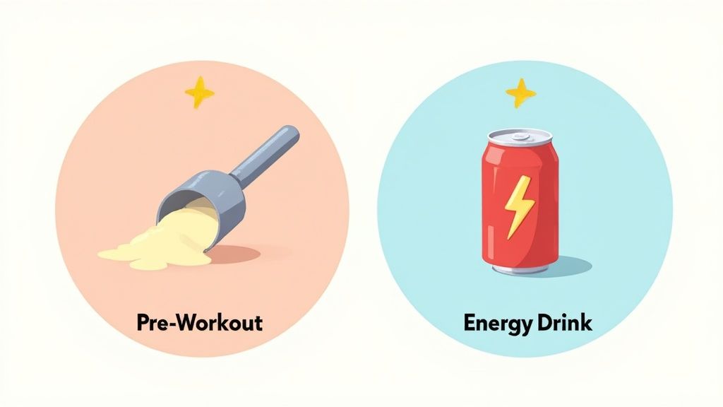 a scoop of preworkout in a red circle and a energy drink in a blue circle