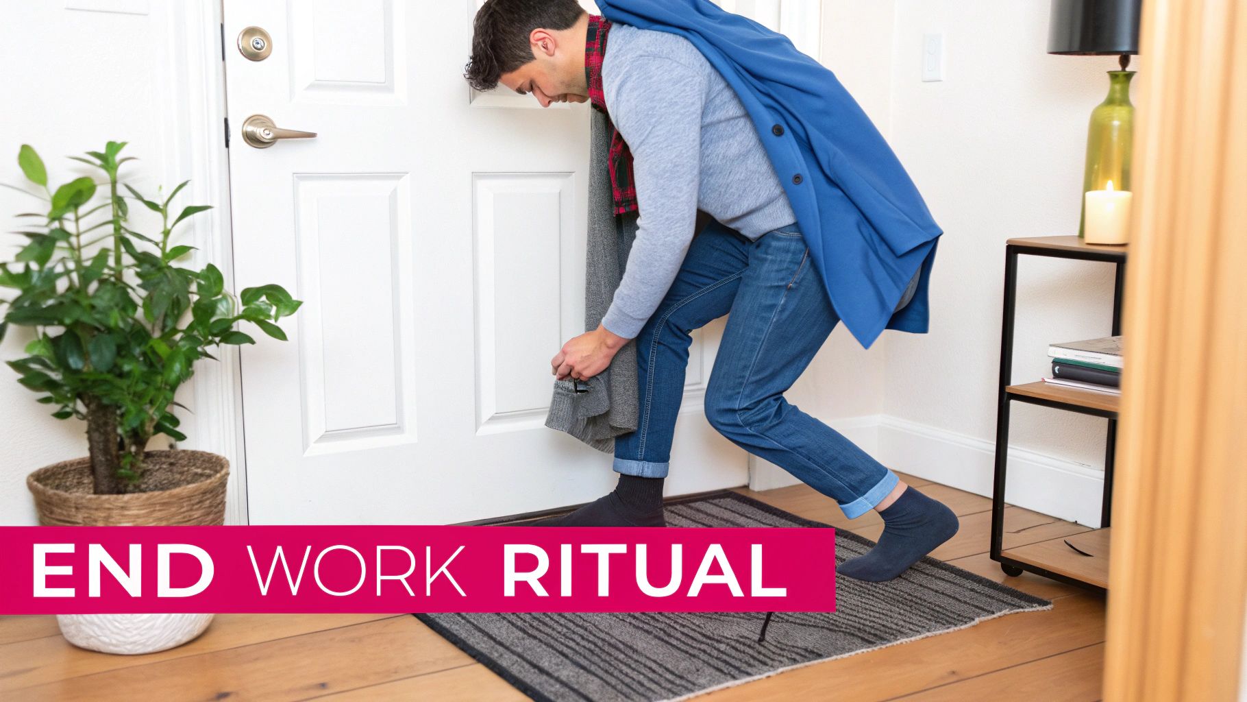 A man performs an end-of-work ritual, taking off his blue coat and scarf by a white door.