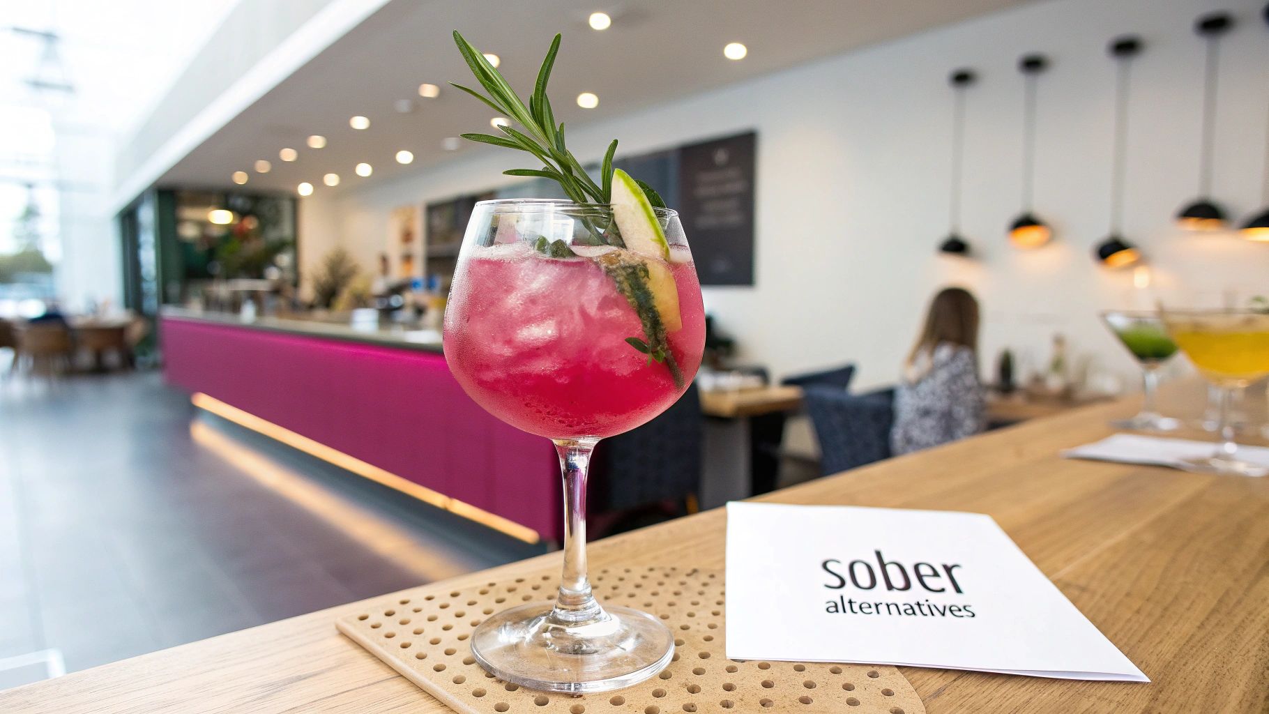 Vibrant pink non-alcoholic cocktail with rosemary and lime on a bar with a 'sober alternatives' sign.