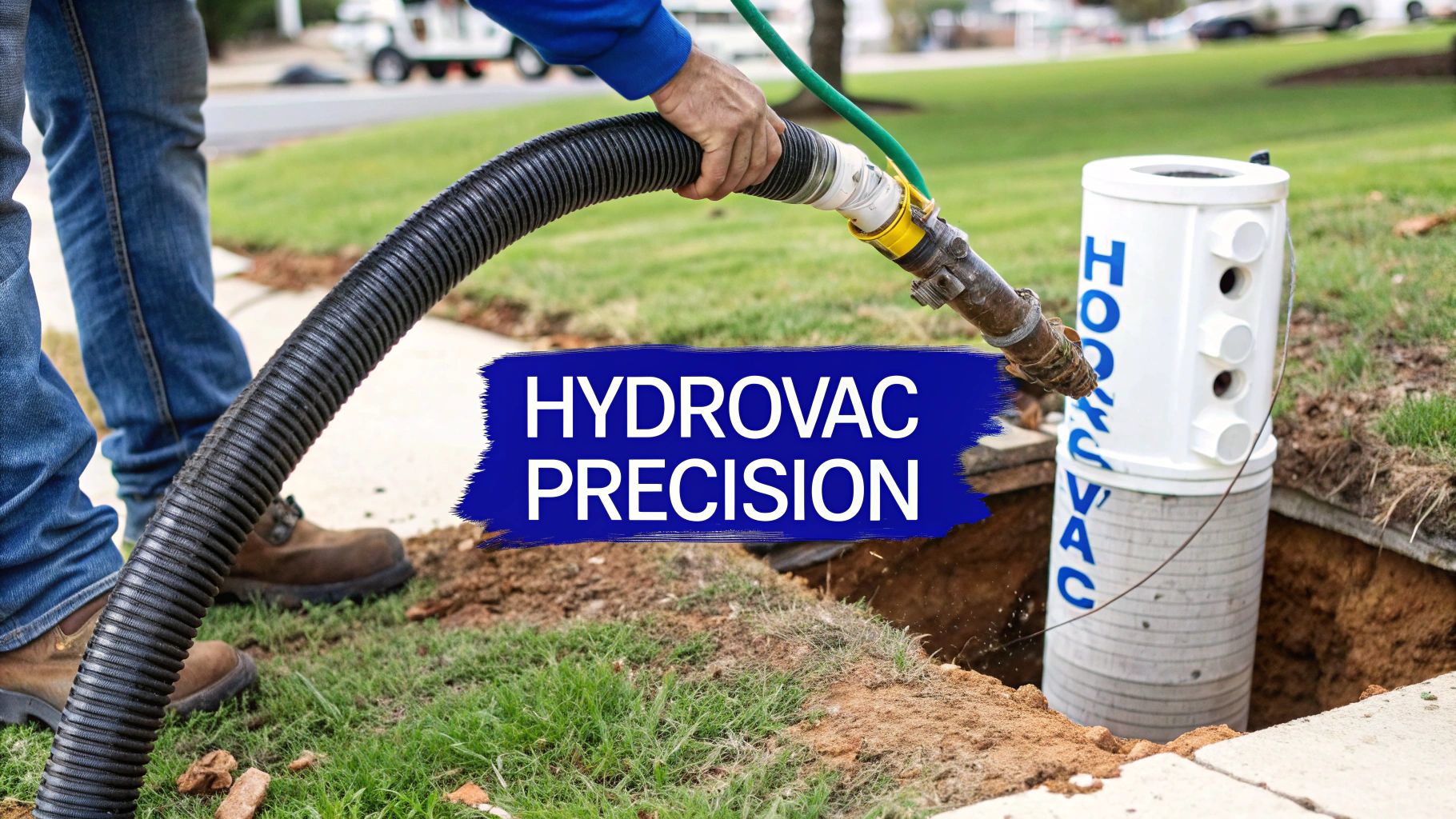 A worker uses a hydrovac hose to precisely excavate soil around a utility structure in the ground.