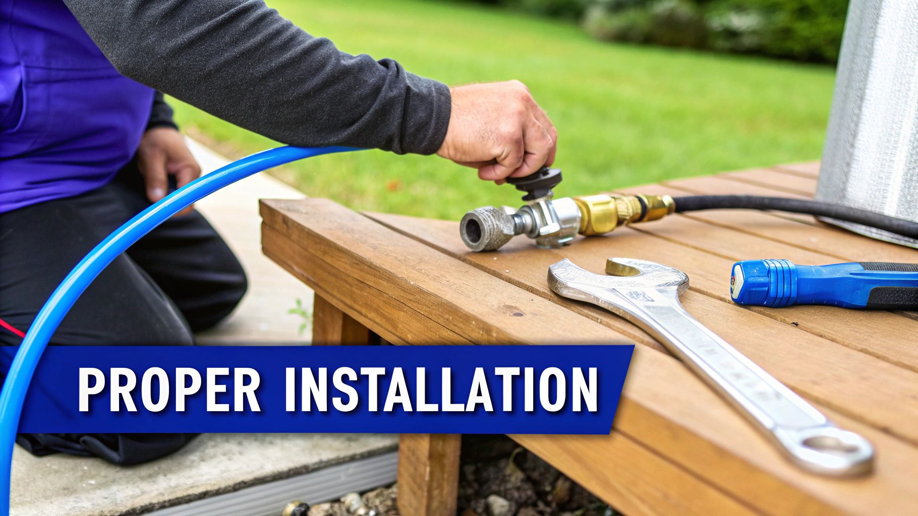 A person's hands connecting a blue hose to plumbing fittings on a wooden surface with a wrench and flashlight.