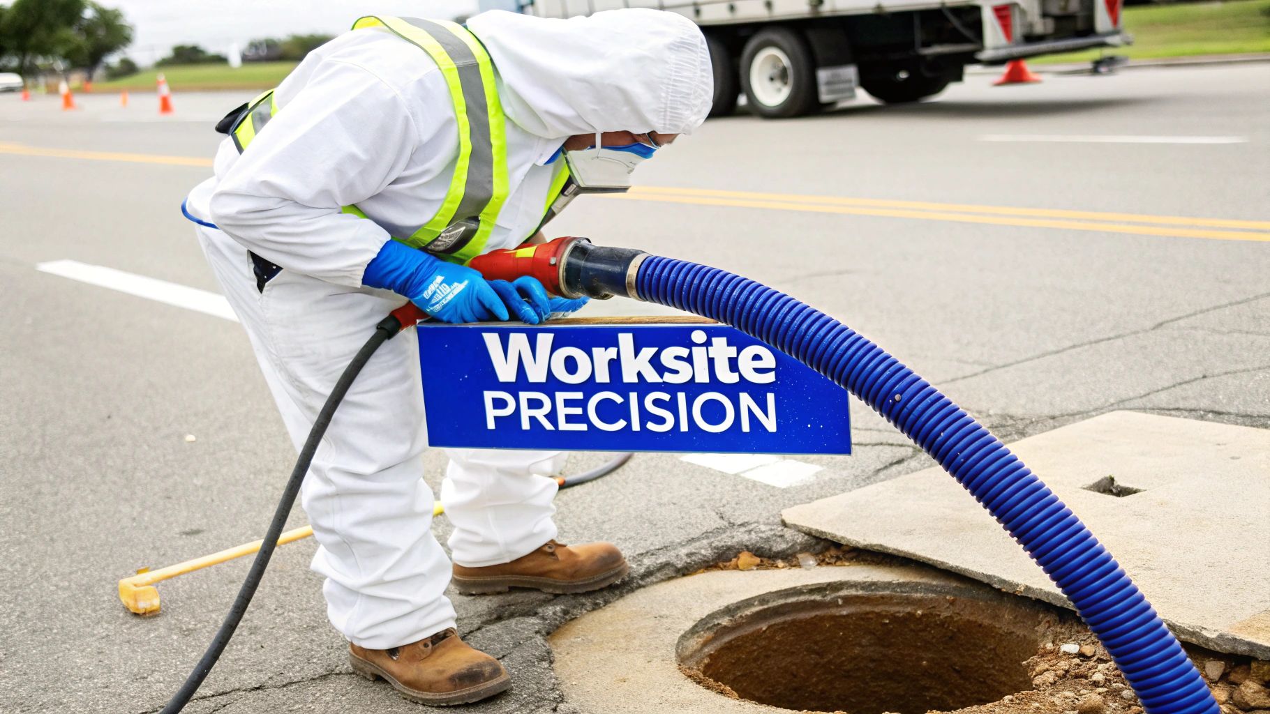 A worker in a white hazmat suit uses a flexible vacuum hose to clean a manhole.