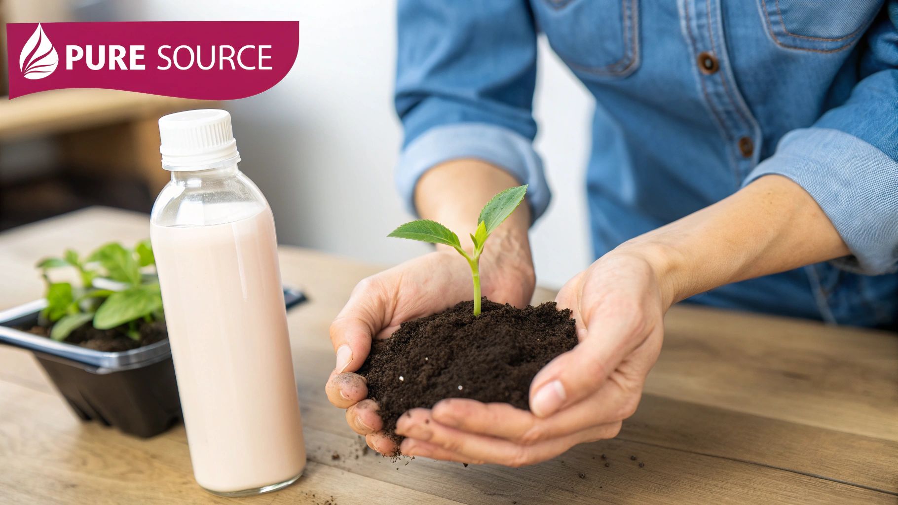 Hands gently hold a young plant with soil, next to a Pure Source drink bottle and plant tray.
