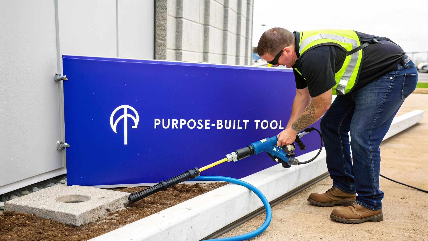 A worker in a safety vest operates a blue vacuum wand tool with a long extension in the soil.