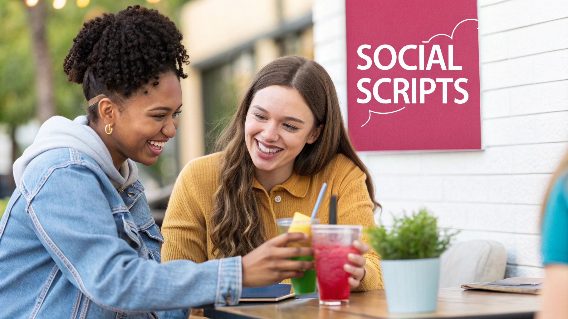 Two smiling young women enjoy colorful drinks and conversation at an outdoor cafe.