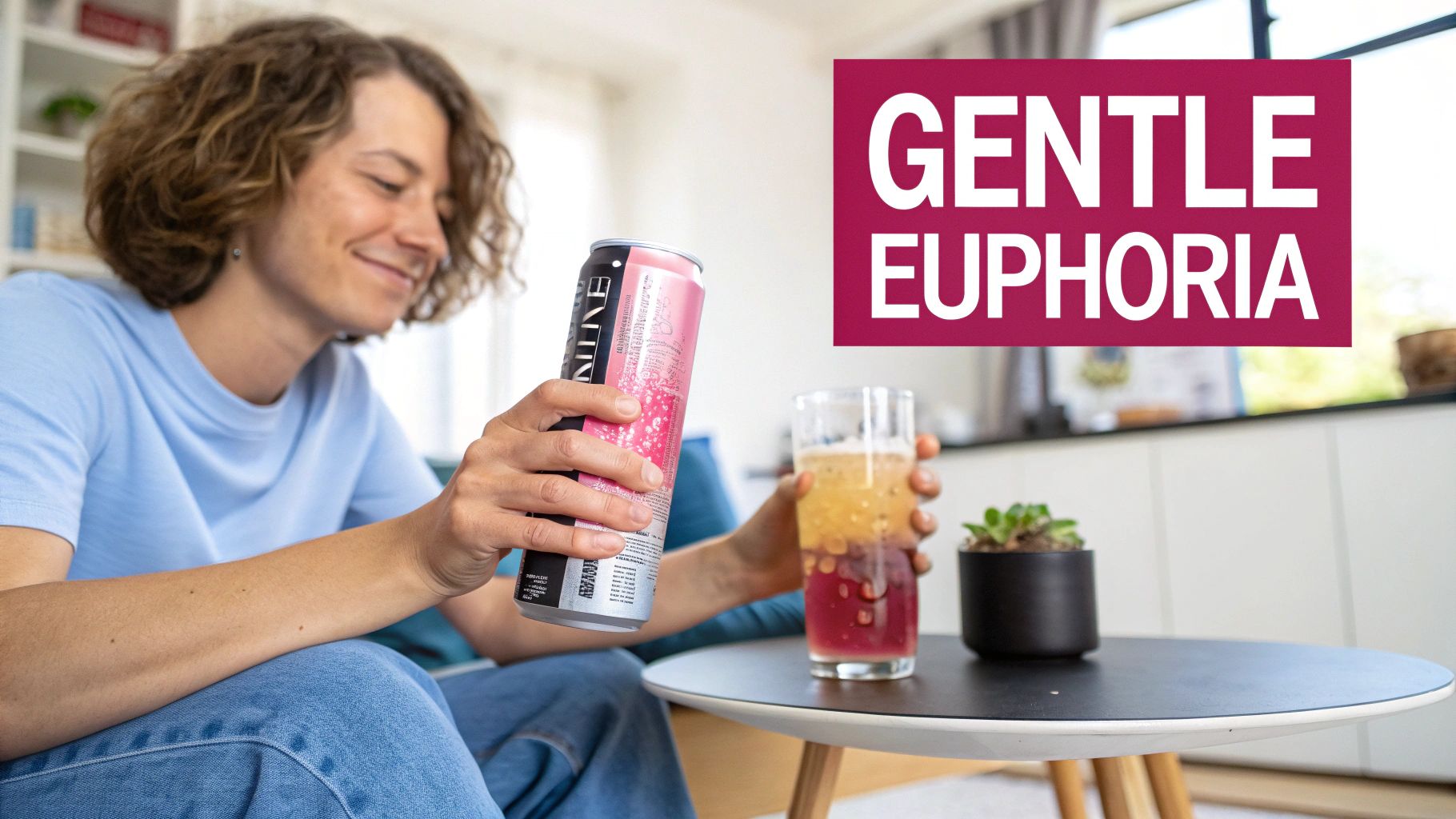 A smiling person holds a pink and black can next to a layered drink, a plant, and text 'Gentle Euphoria'.