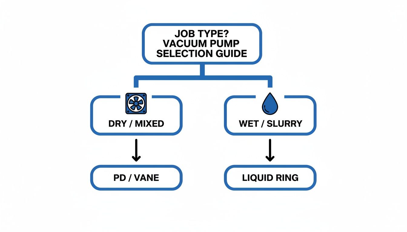 Flowchart illustrating vacuum pump selection guide based on job type: dry/mixed leads to PD/Vane, wet/slurry leads to Liquid Ring.