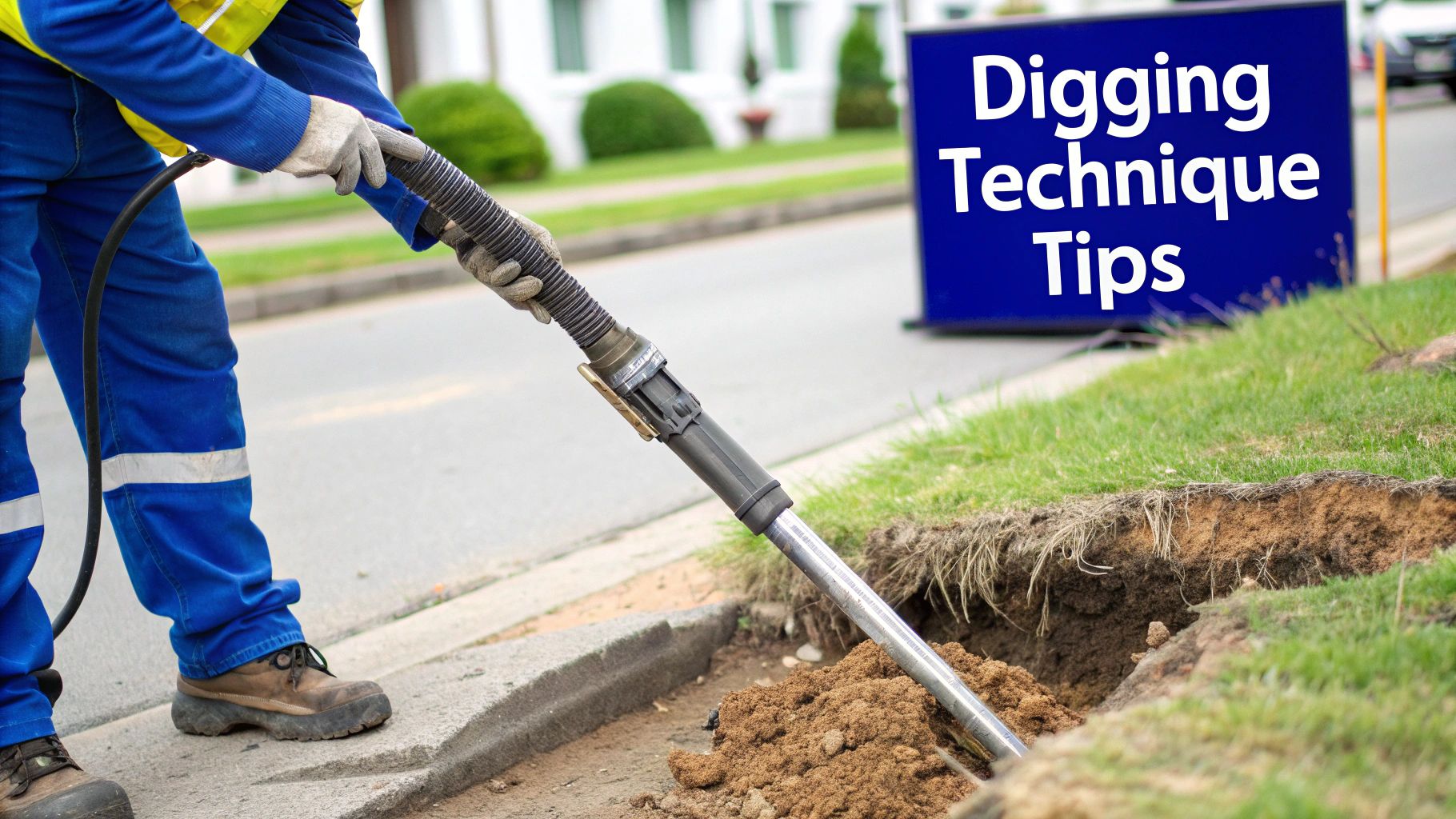 Professional worker using vacuum excavation equipment for safe underground utility digging on residential street