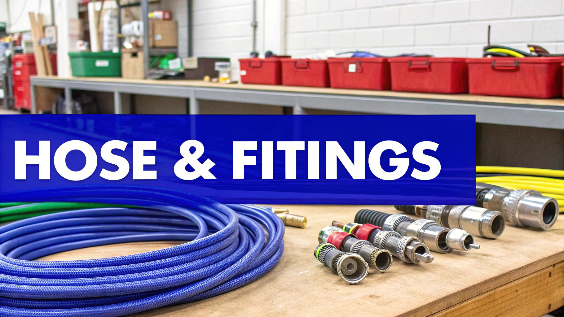 Workshop scene with a 'Hose & Fittings' banner, coiled blue hose, and various metal connectors on a wooden table.