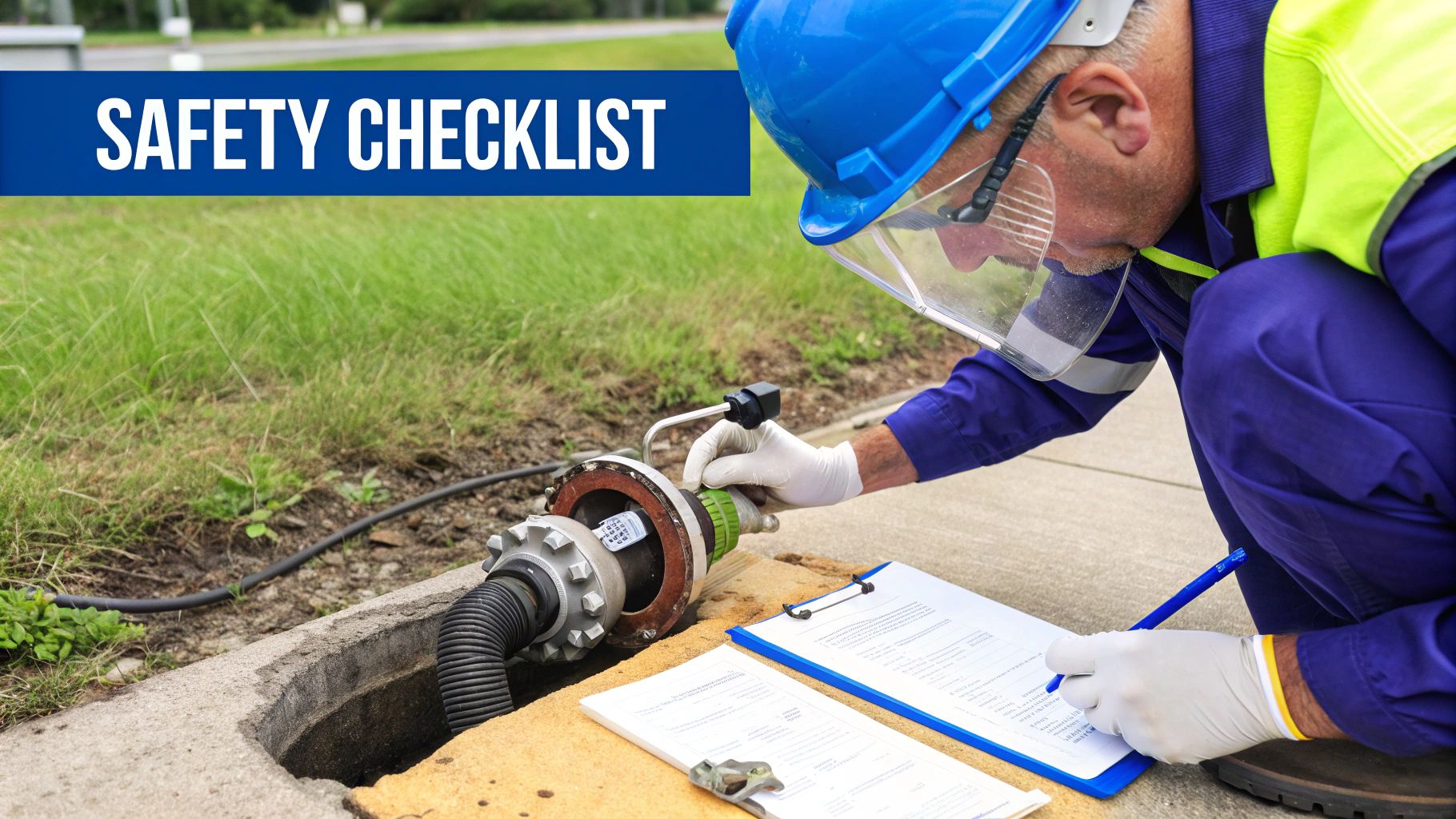 A worker in a hard hat and face shield performs a safety check on a sewer connection.