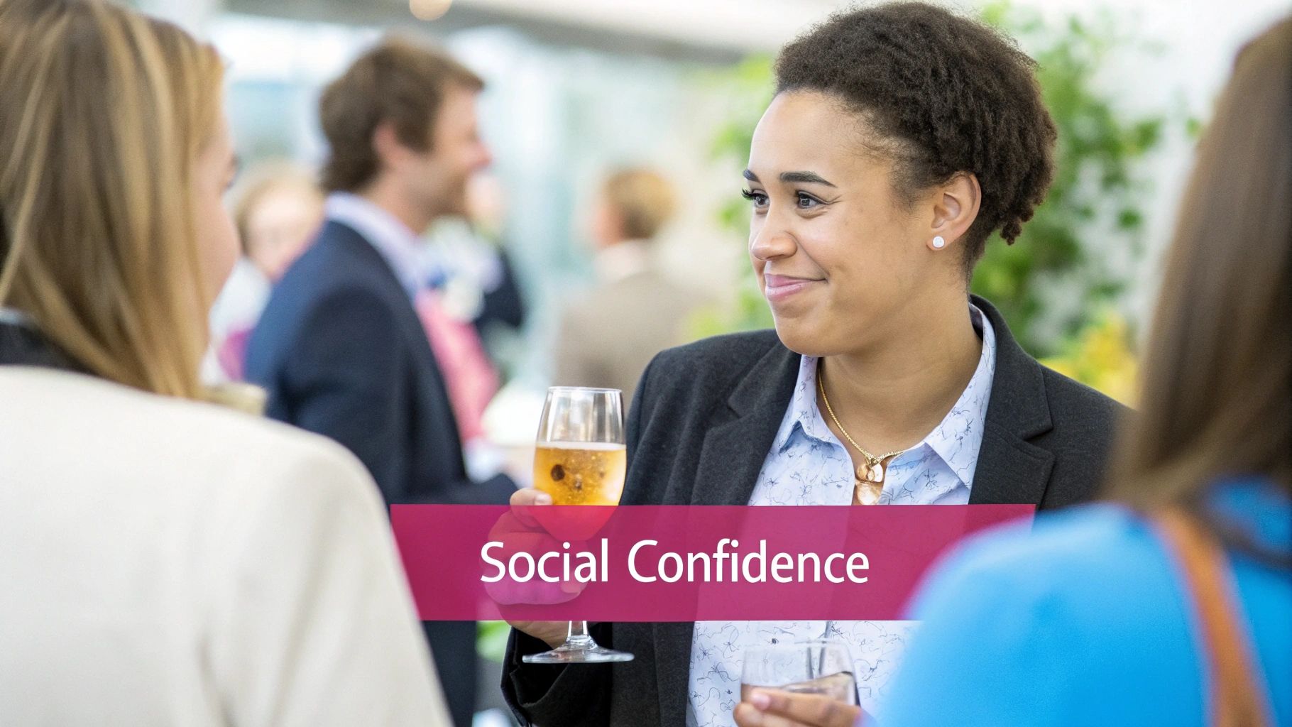 Smiling woman with curly hair holding a drink at a social event, conversing with other attendees.