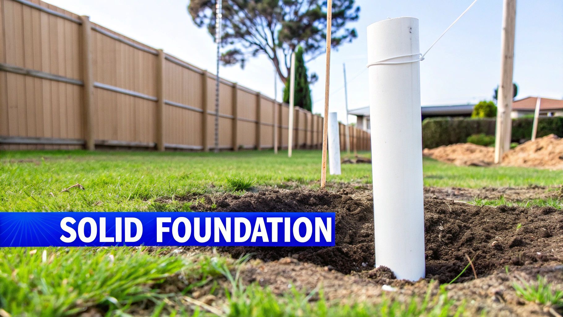 Several white pipes and wooden stakes are set into the ground in a green lawn, suggesting construction.
