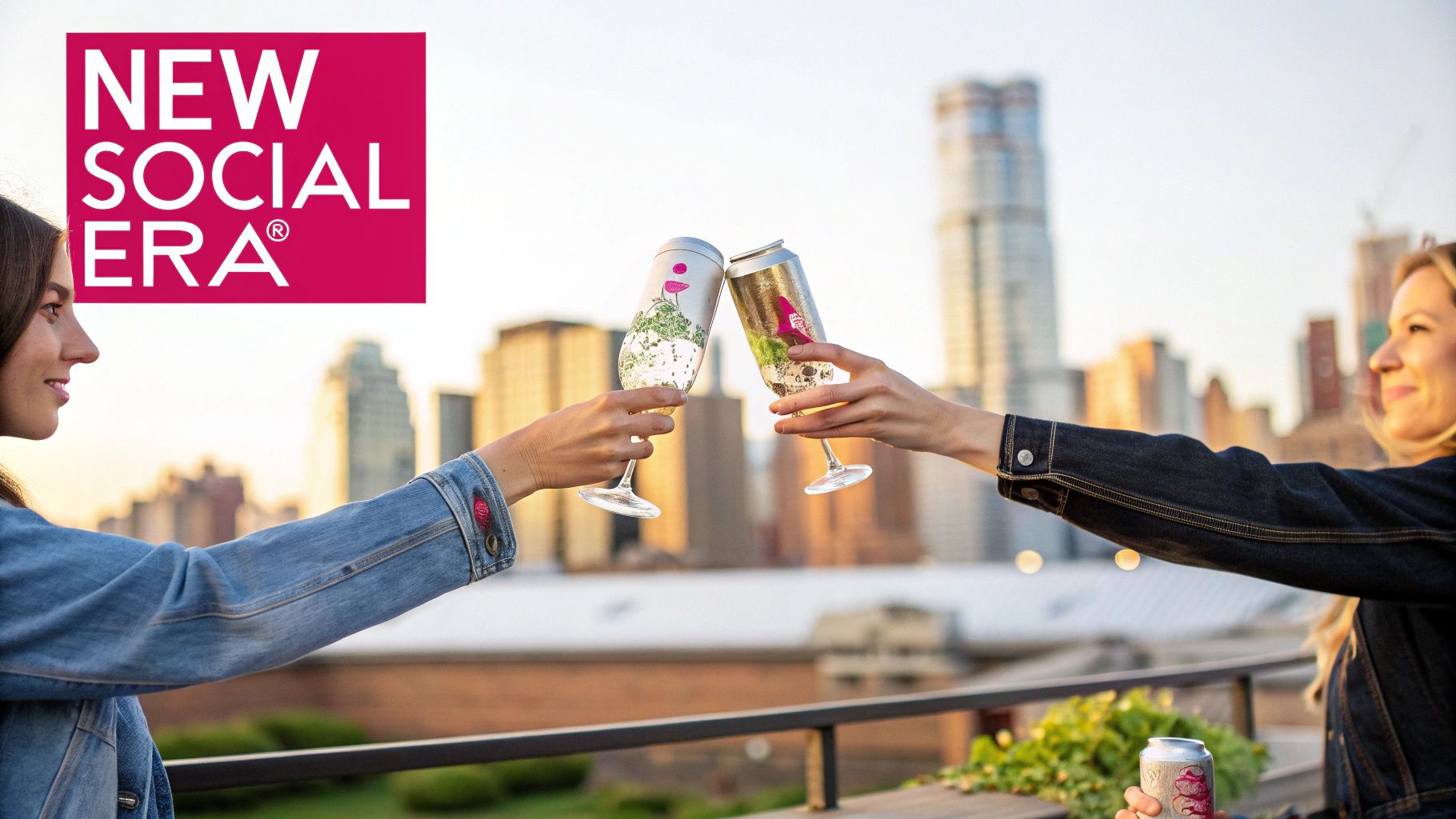 Two women on a rooftop clinking glasses with sparkling drinks against a city skyline.