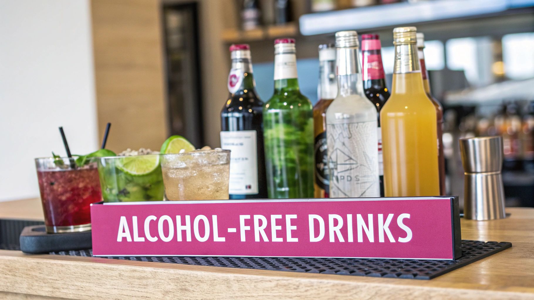 A pink sign on a wooden bar counter displays 'ALCOHOL-FREE DRINKS' in front of various bottles and colorful mocktails.
