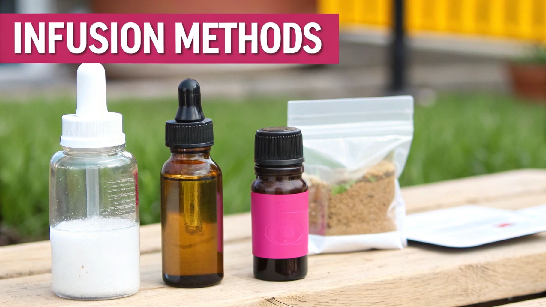 Supplies for infusion methods, including dropper bottles with liquids and a bag of dry ingredients.