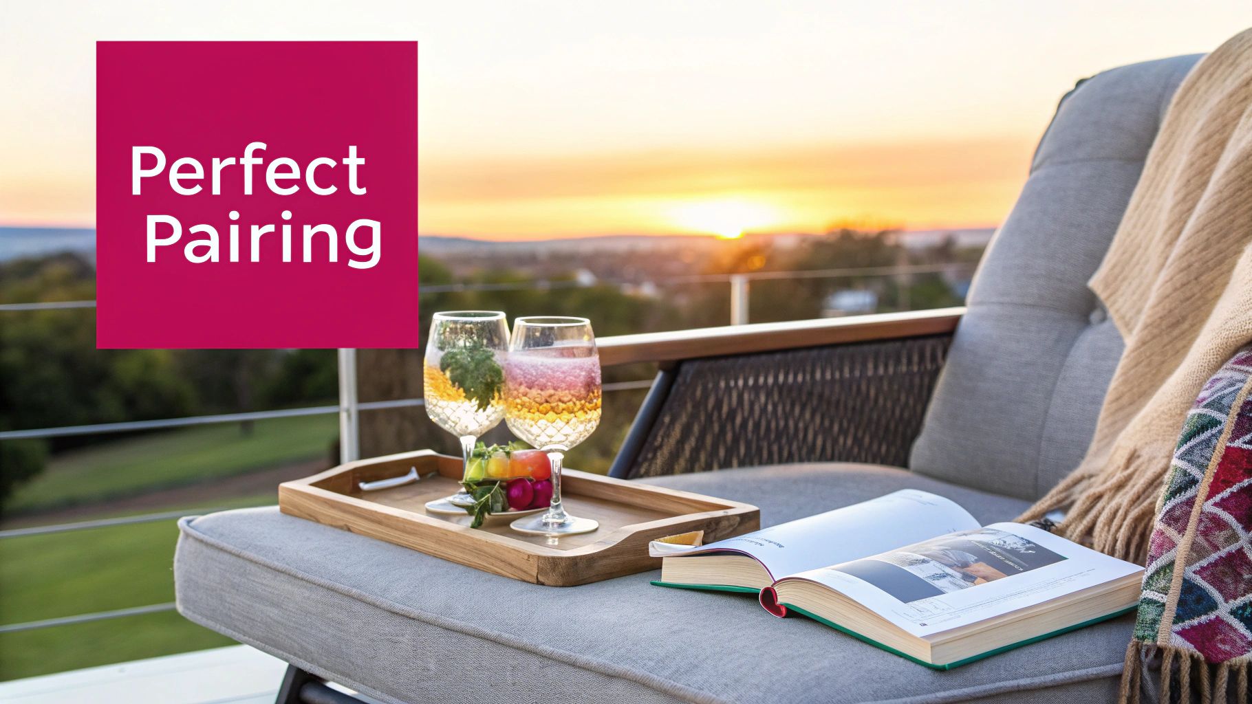 Outdoor lounge chair with drinks, a book, and blanket at sunset, with a 'Perfect Pairing' text.