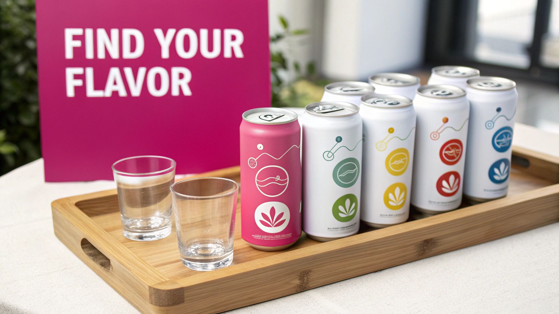 Assortment of colorful beverage cans and glasses on a wooden tray, with a 'FIND YOUR FLAVOR' sign.
