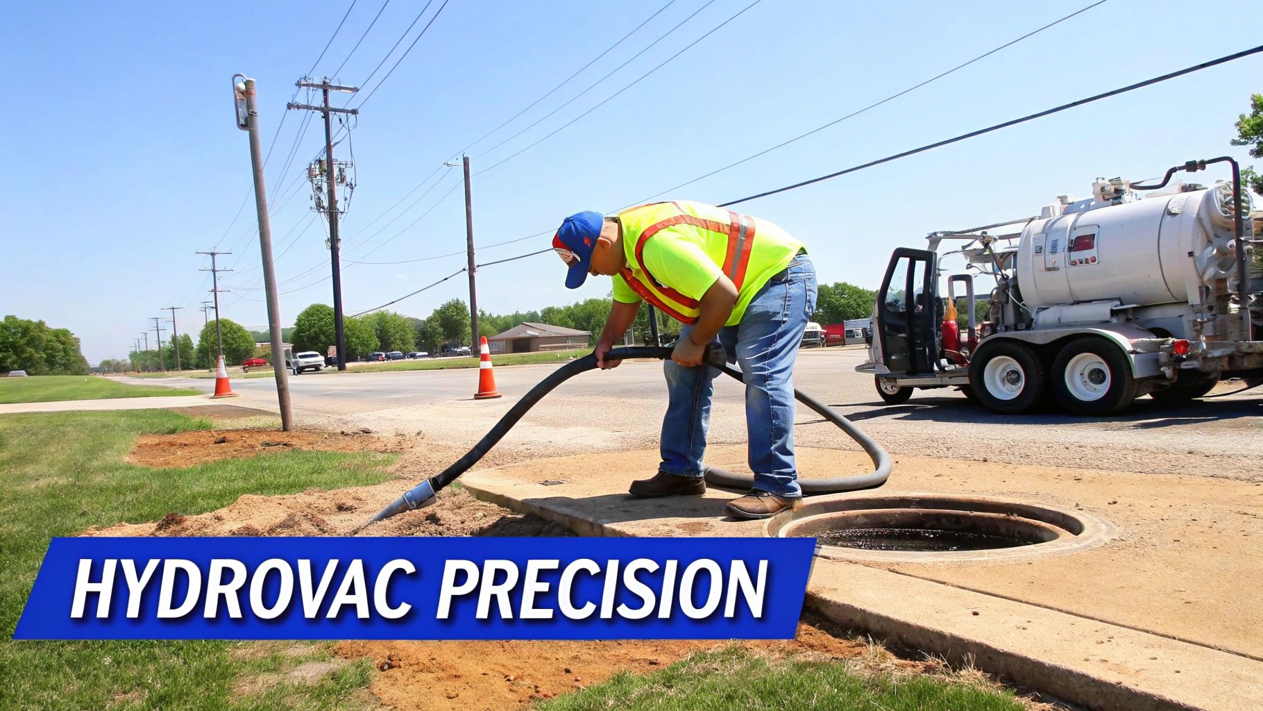 A worker in safety gear uses a hydrovac hose near a manhole, with a white hydrovac truck in the background.
