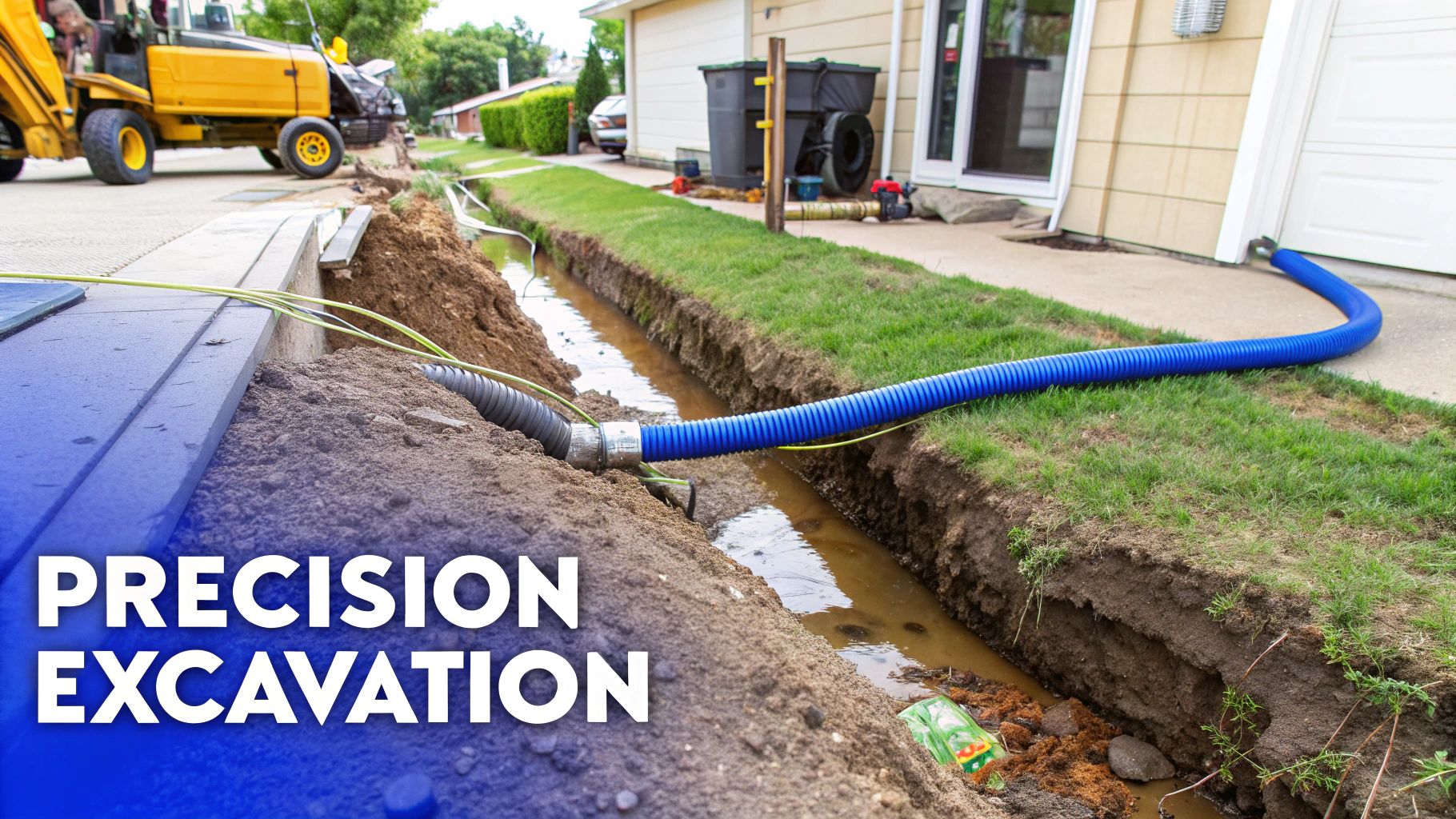 Blue hose pumps muddy water from a deep trench during an excavation project beside a house.