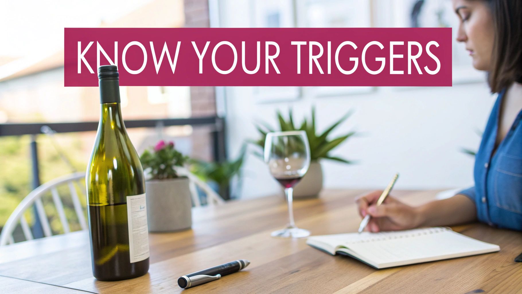 A woman writing in a notebook, with a wine bottle and glass on a wooden table, and text 'KNOW YOUR TRIGGERS'.