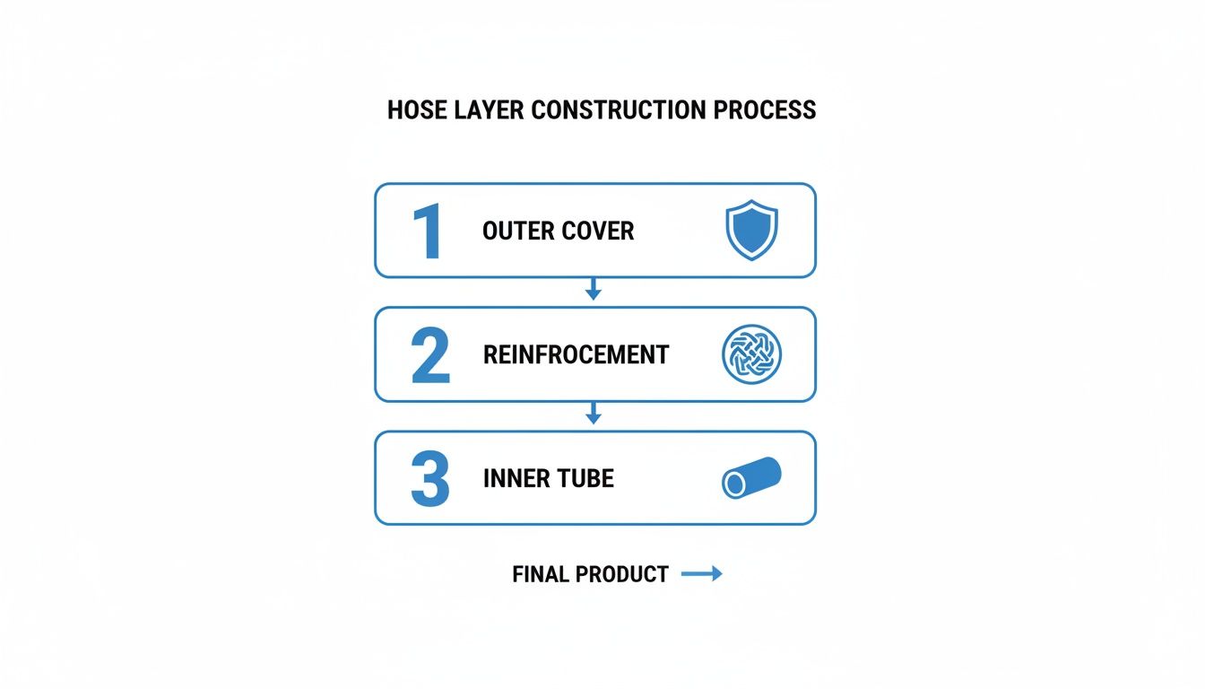 Diagram illustrating the hose layer construction process: outer cover, reinforcement, and inner tube.