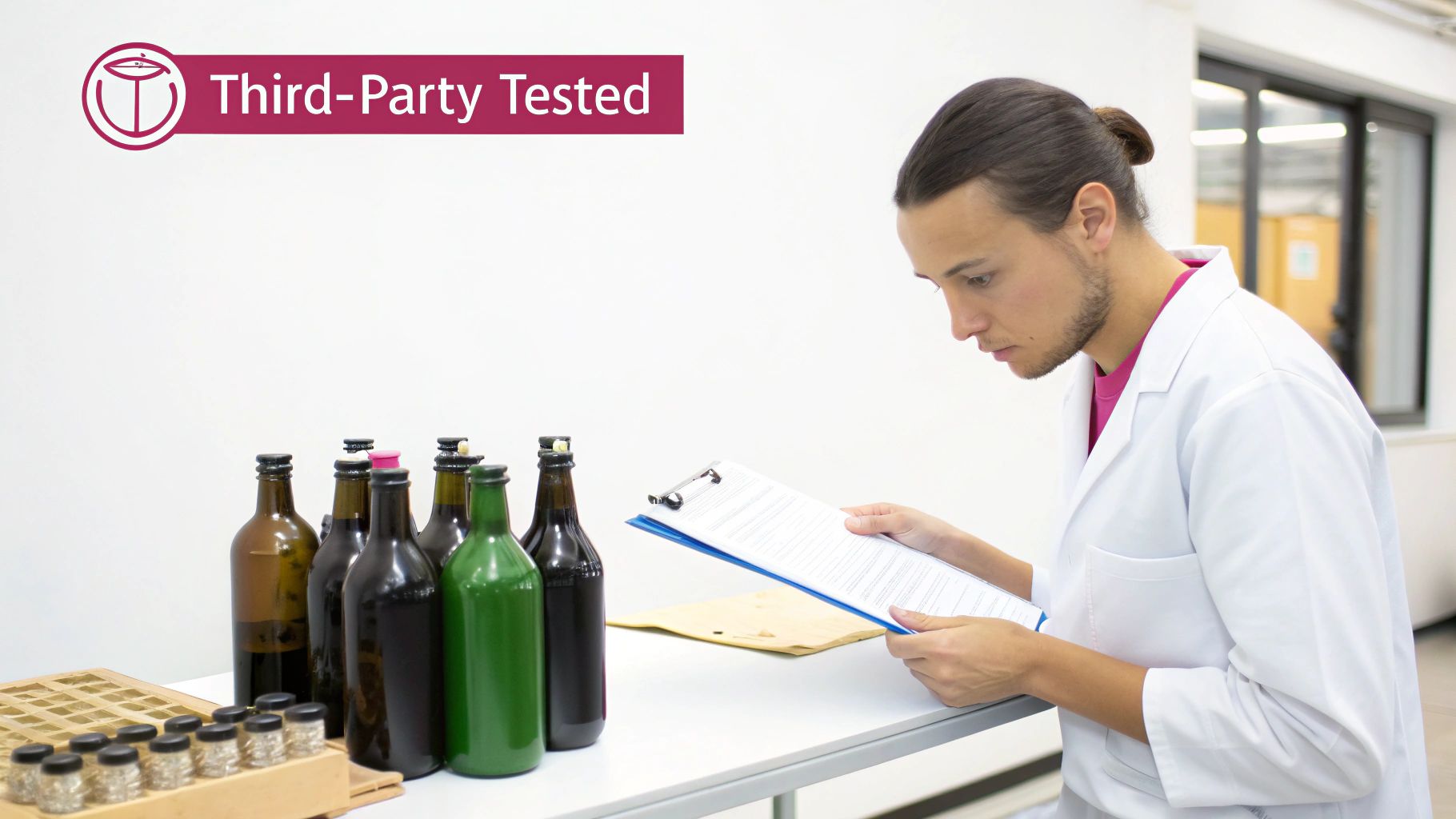 A male lab technician examines documents on a clipboard, surrounded by bottles and vials, indicating third-party testing.