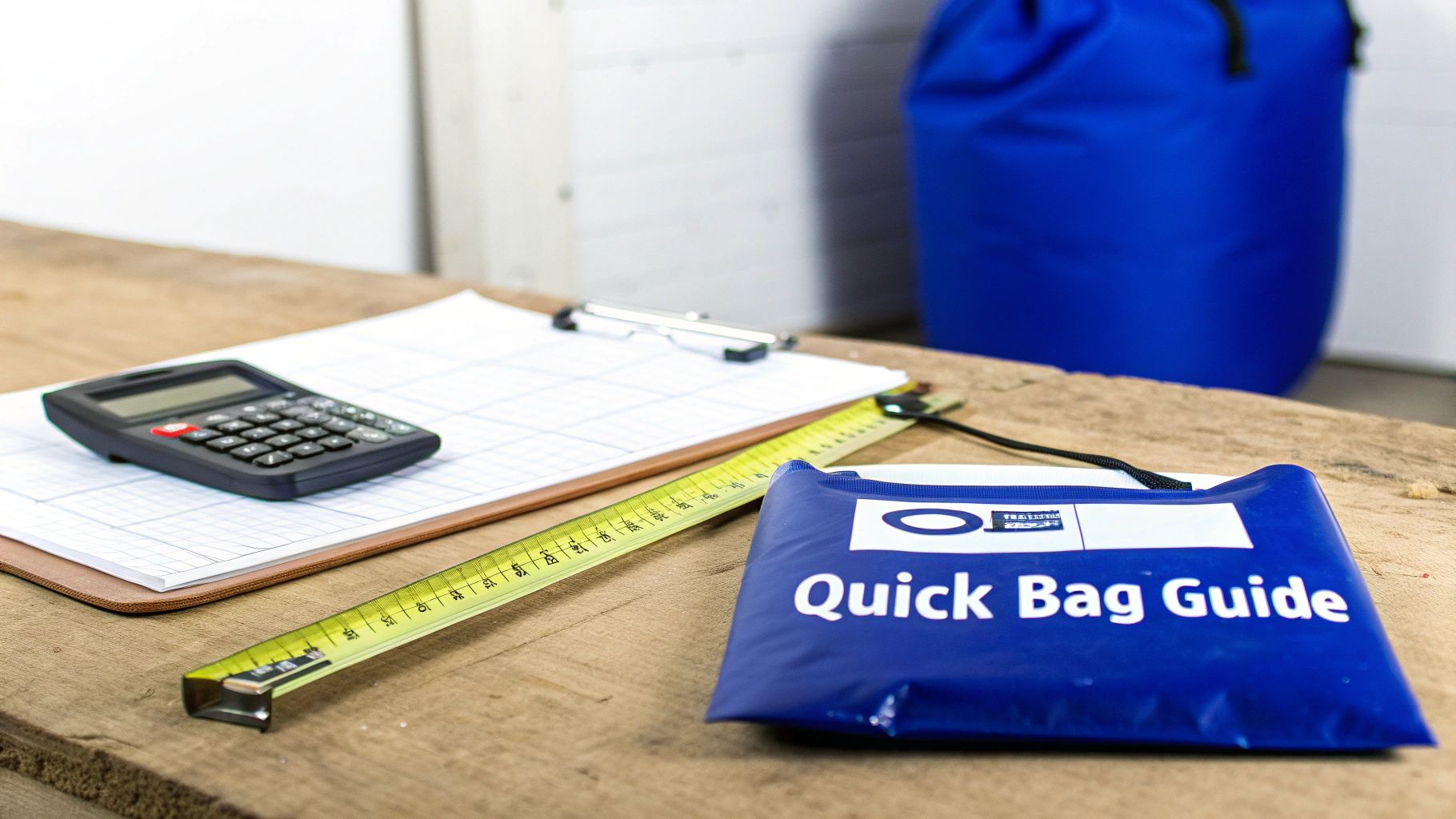 Calculator, tape measure, and 'Quick Bag Guide' on a wooden surface, suggesting project planning.