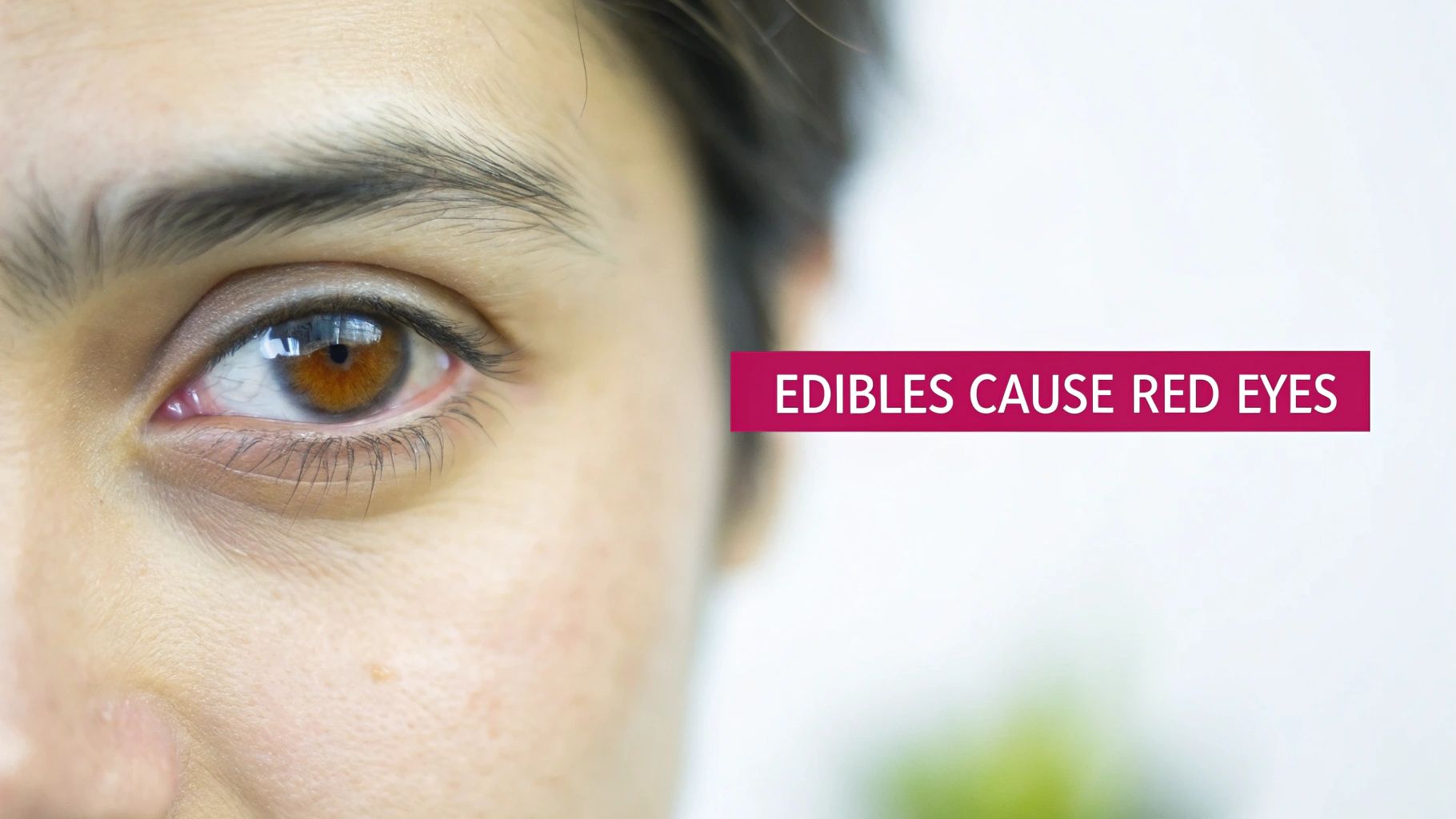 Close-up of a person's brown eye with slight redness, next to a magenta banner reading 'EDIBLES CAUSE RED EYES'.