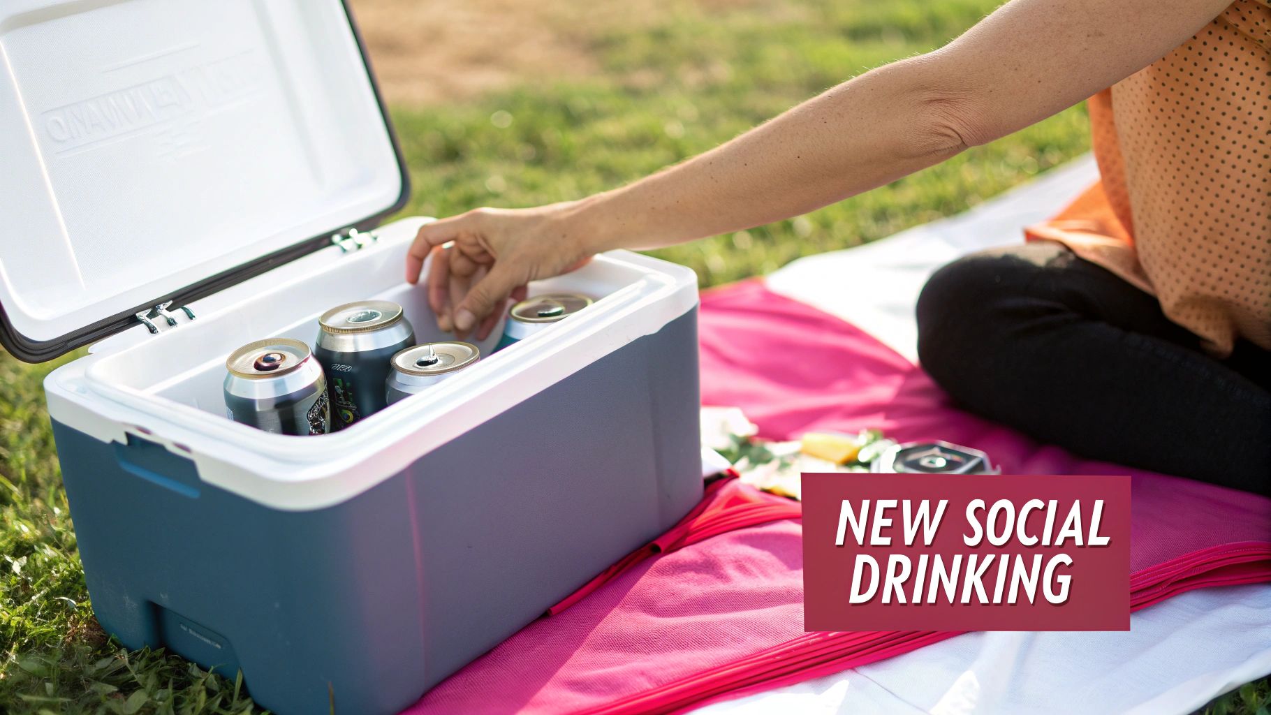 A person reaches into an open cooler filled with beverage cans on a picnic blanket outdoors.