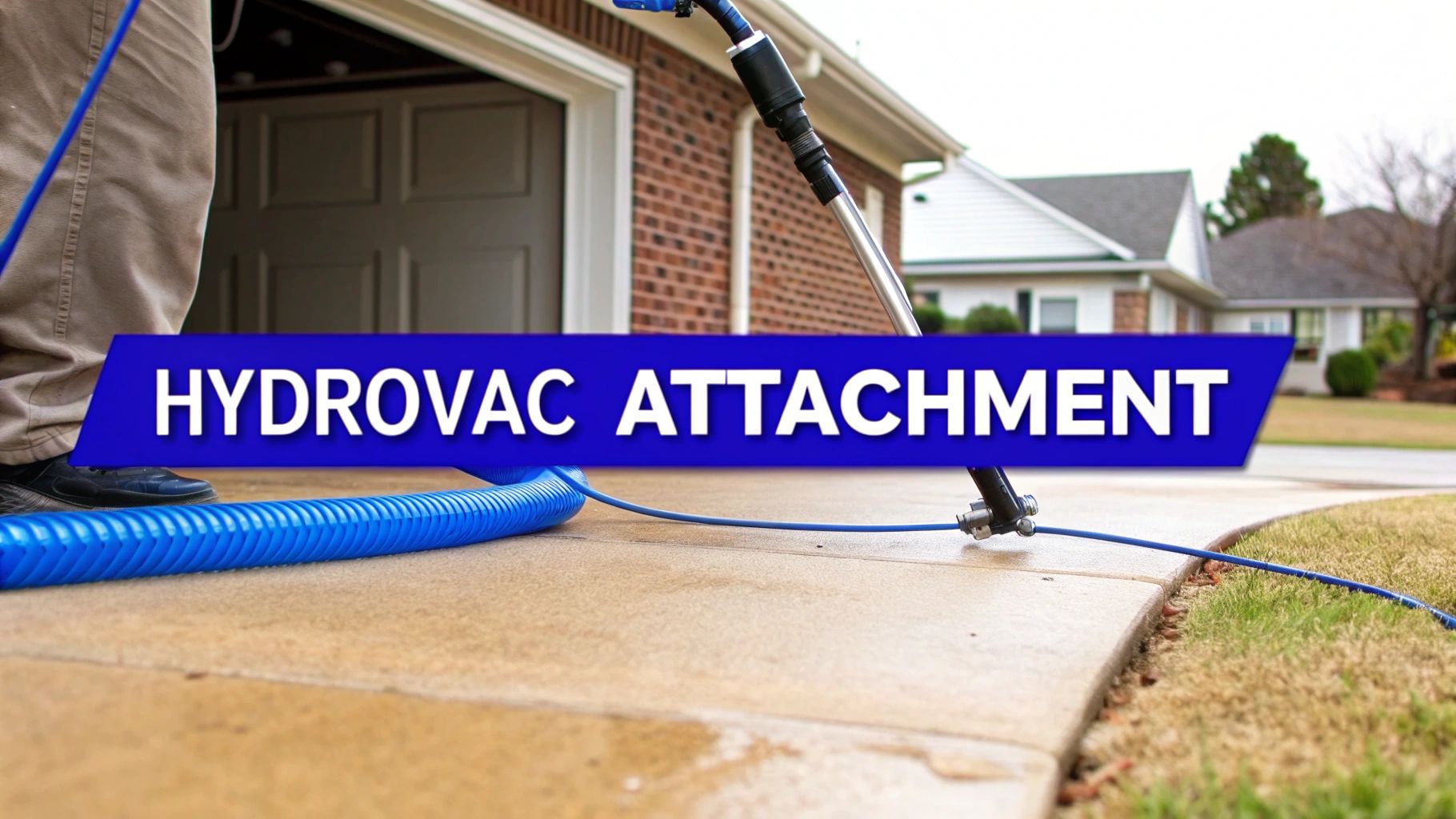 A person operates a hydrovac attachment with a blue hose to clean a wet concrete driveway.