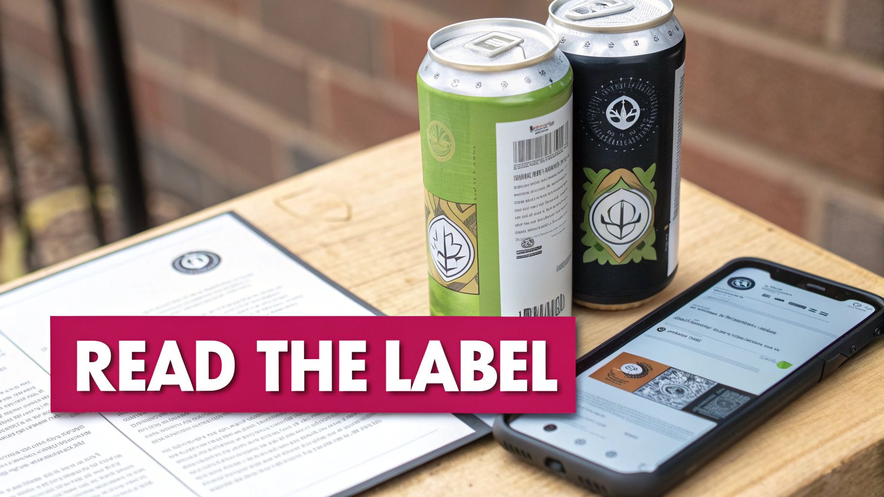 Two green and black beverage cans, a document, and a smartphone on a wooden table, emphasizing reading labels.