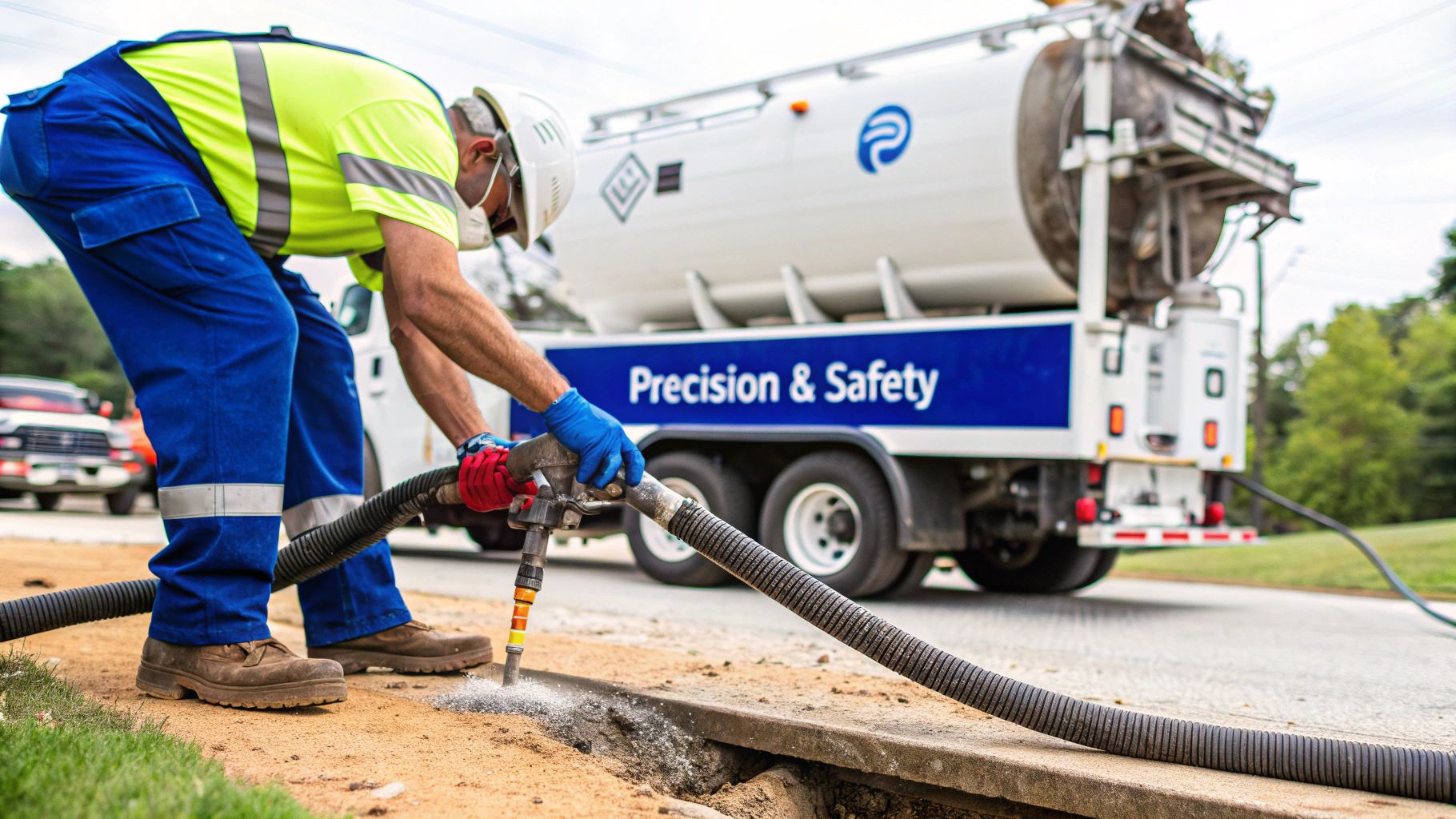 Worker in safety gear operating a vacuum wand to clear roadside debris, with a truck in the background.