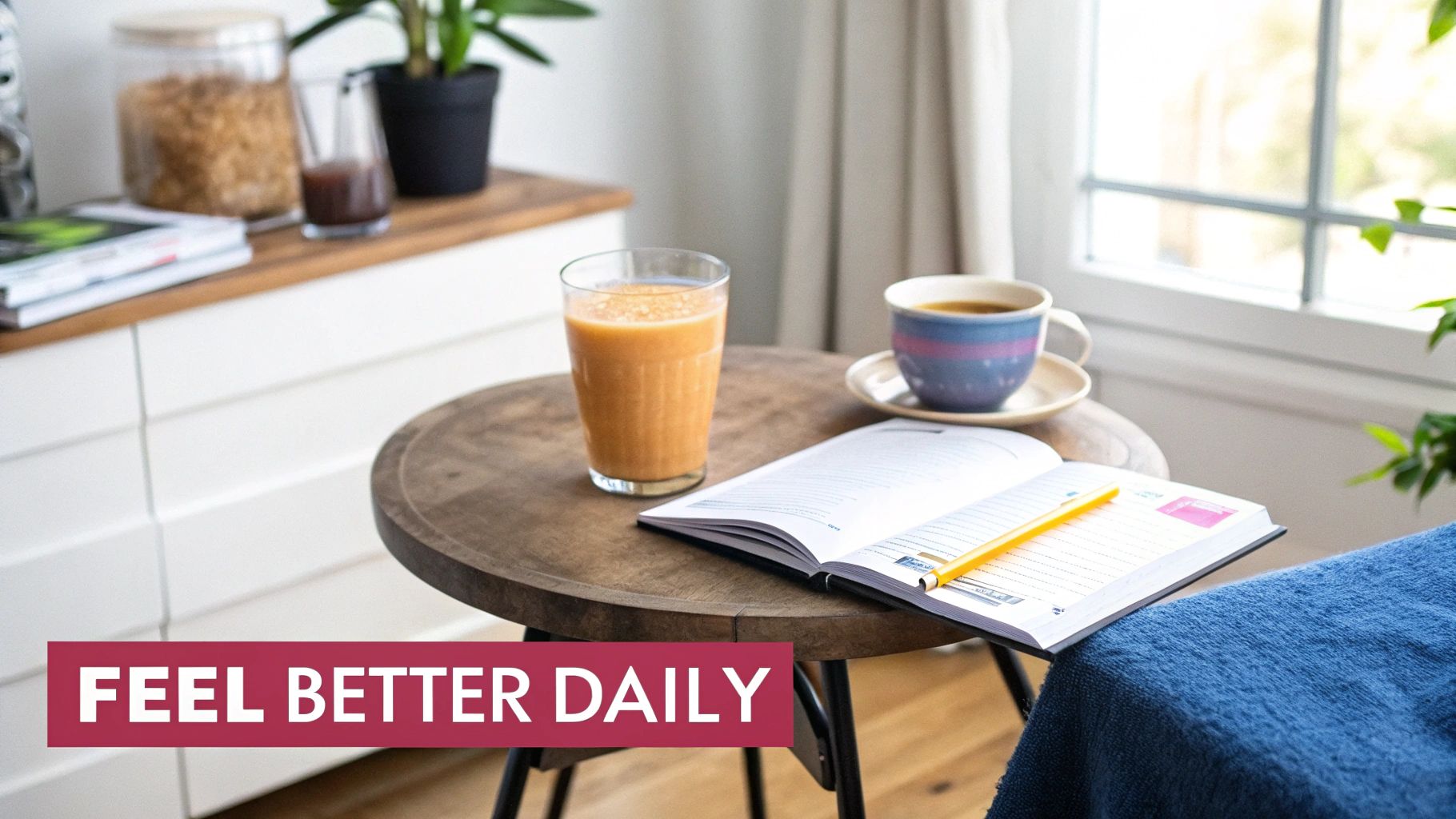 A healthy morning setup with a smoothie, coffee, and journal on a wooden table by a window.