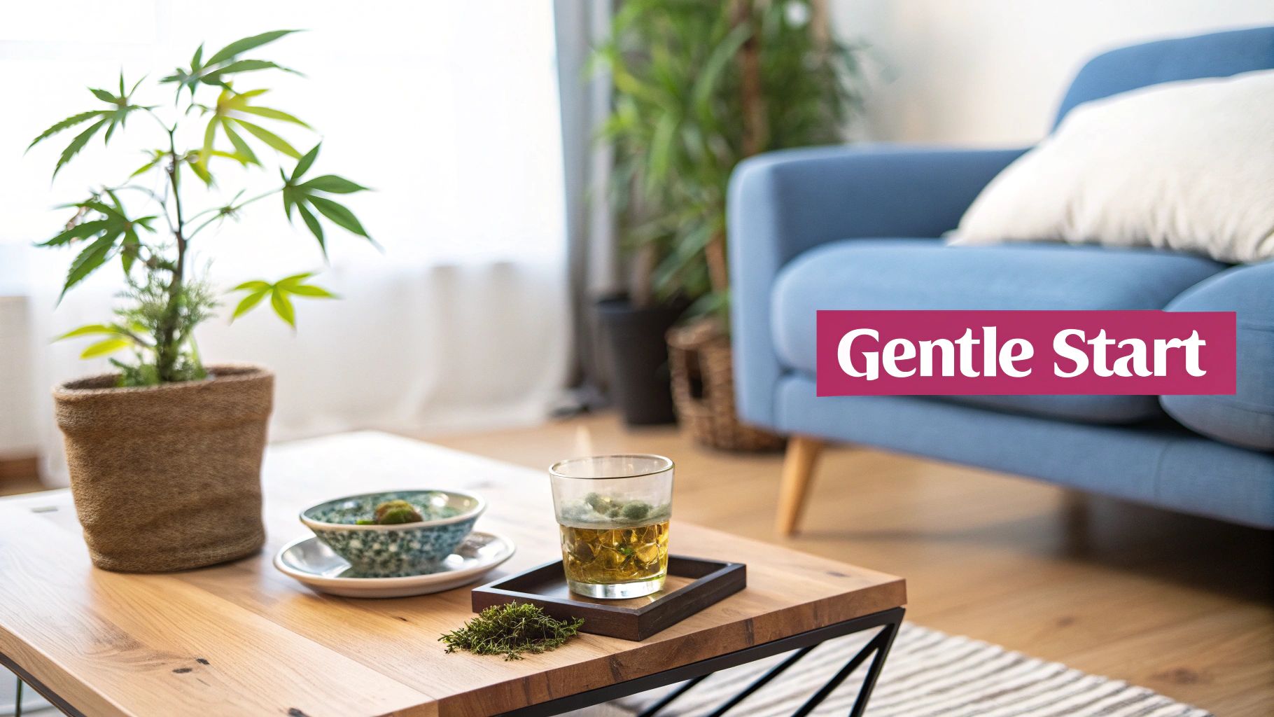 A cannabis plant, herbal tea, and decorative bowl on a wooden coffee table in a cozy living room.