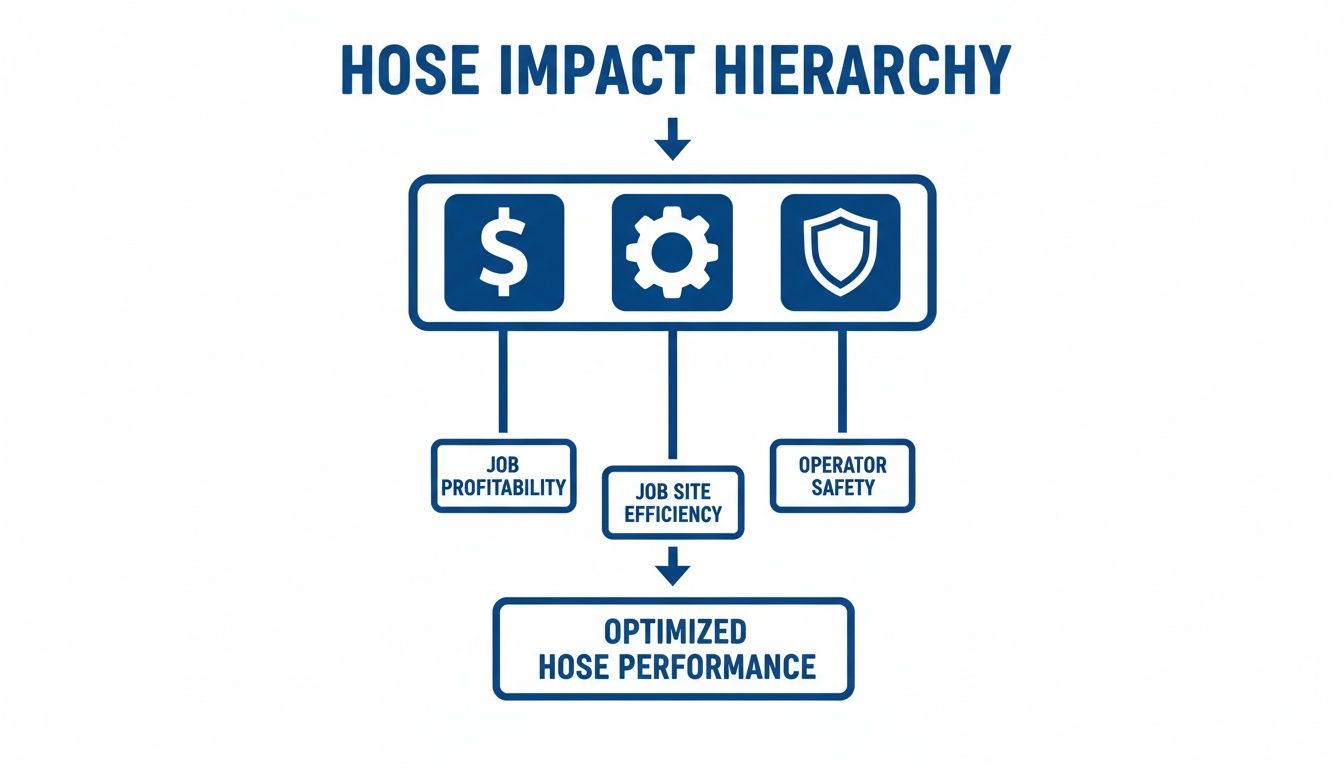 Diagram illustrating the hose impact hierarchy, connecting profitability, efficiency, and safety to optimized performance.